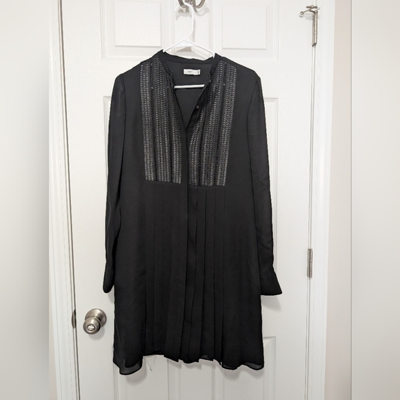 Vince Size 8, 100% Silk, Black Long Sleeve Dress, Button Down, Lattice Bib - Picture 1 of 13